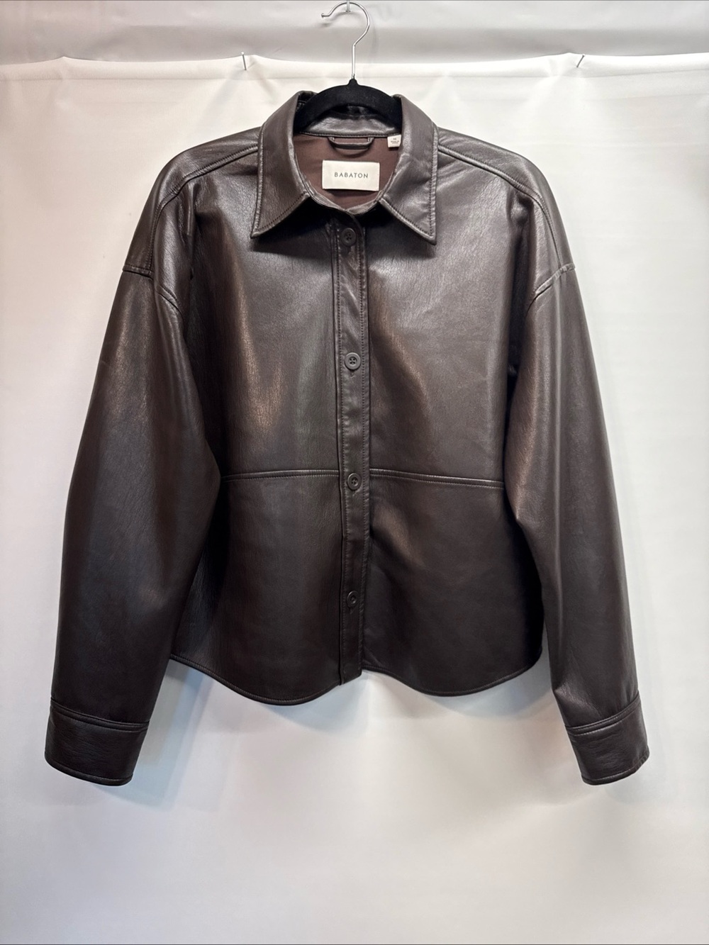 Babaton Aritzia Pelli Relaxed Vegan Leather Button Front Shirt Jacket Sz M Brown